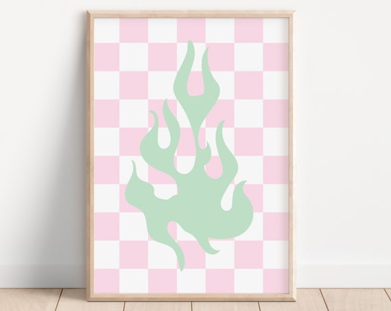 Flames Fire Y2k Checkerboard Print Retro Art Groovy Pink Wall Art Pink Retro Y2k Aesthetic Indie Hippie Girly Pastel Fun Bold Art