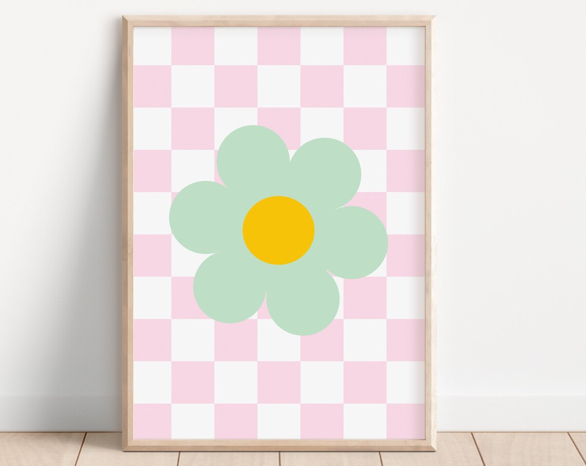 Flower Y2K Checkerboard Retro Art Print, Pink