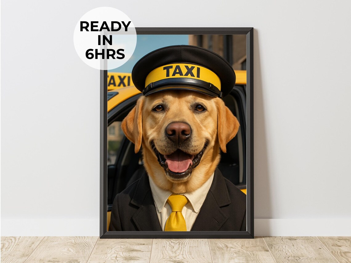 Funny Labrador Taxi Driver Portrait Yellow Cab Dog Photo Poster