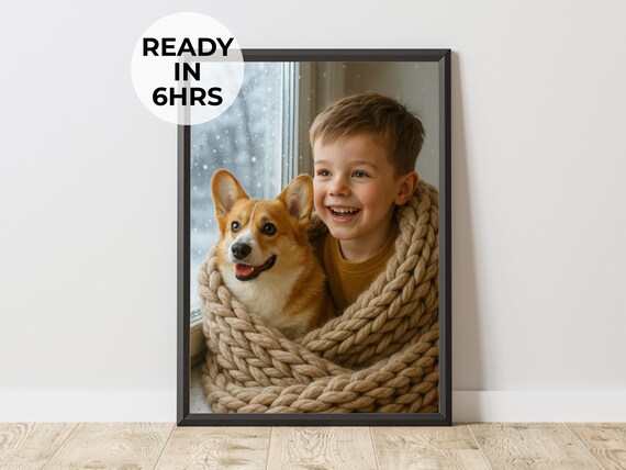 Custom Cozy Winter Pet Owner Portrait, Gift