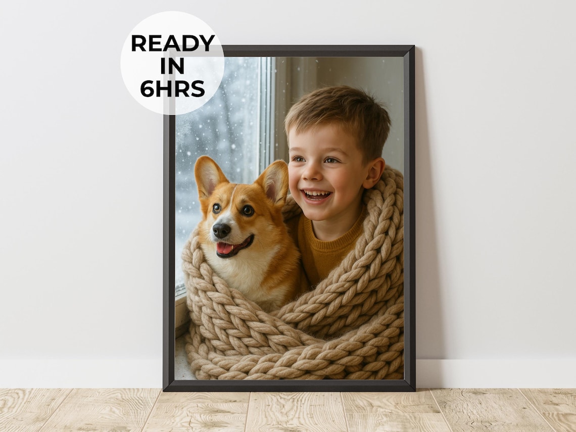 Custom Cozy Winter Pet Owner Portrait, Gift