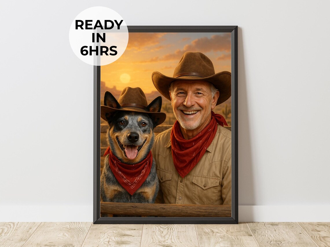 Custom Cowboy Pet Portrait, Dog Dad Gift