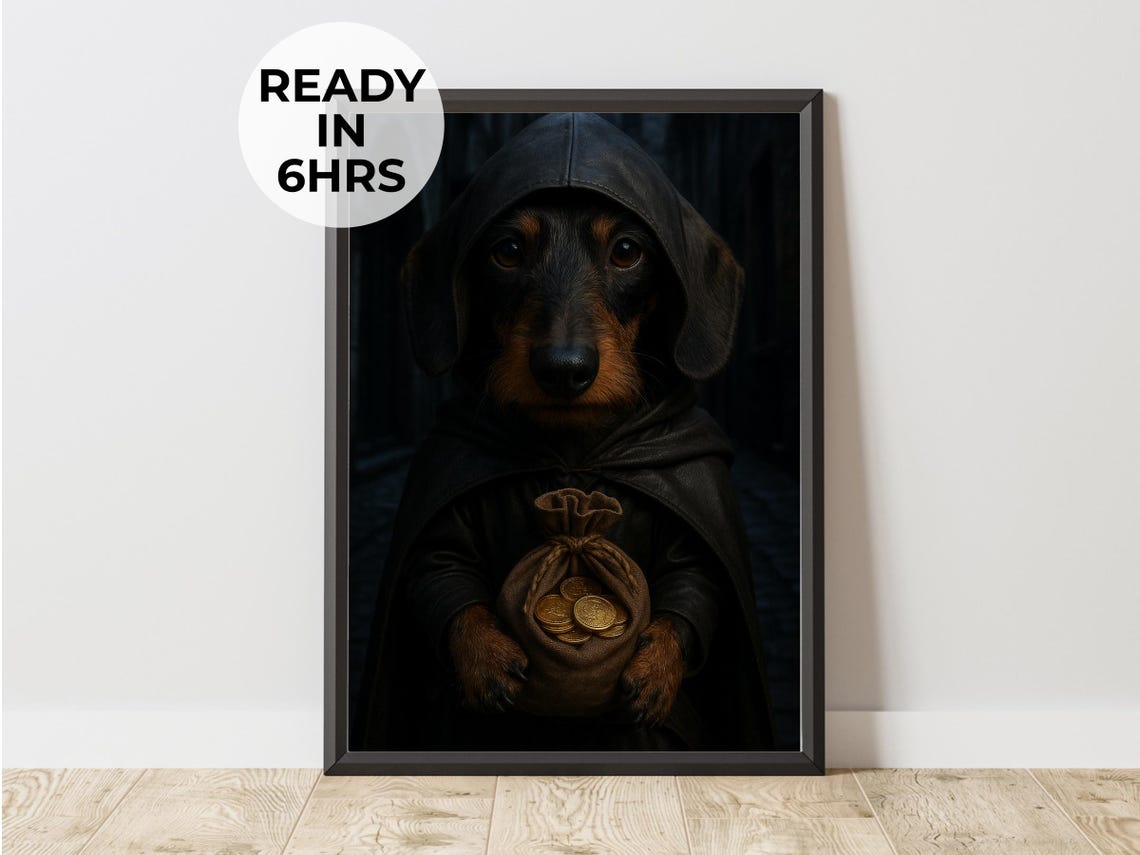 Custom Rogue Hooded Pet Portrait Fantasy Coin Sack Dachshund Poster