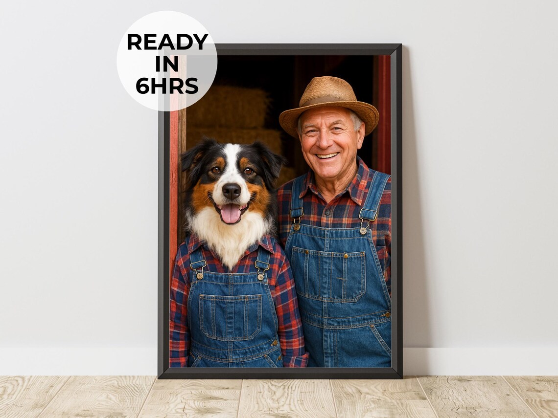 Custom Farmer Pet Portrait, Rancher Dog Art Print