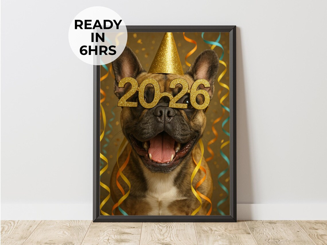 French Bulldog New Year 2026 Glasses Party Hat Confetti Celebration Poster