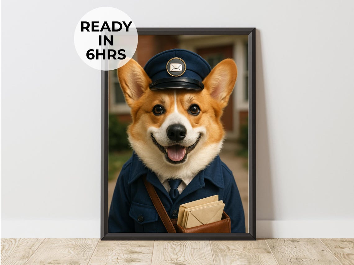 Custom Postman Pet Portrait Corgi Mail Carrier Personalized Dog Poster
