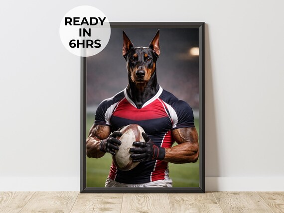 Doberman Rugby Player Funny Pet Portrait Athlete Dog Sports Fan Poster