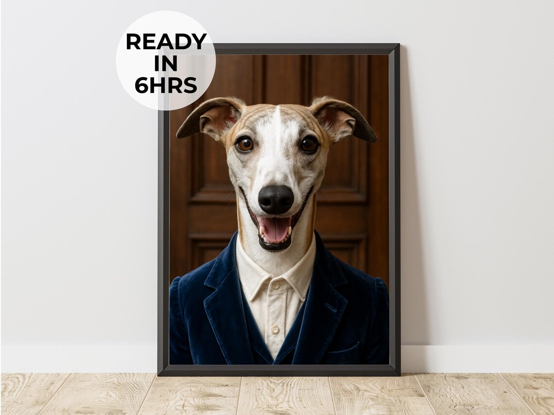 Happy Smiling Whippet Navy Velvet Suit Gentleman Dog Portrait Poster