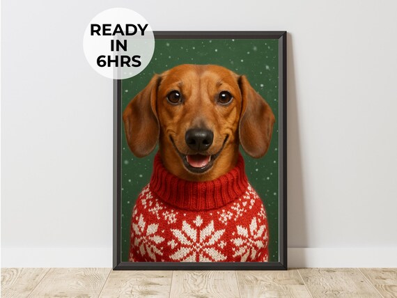 Dachshund Christmas Sweater Portrait Poster Funny Holiday Dog Costume Art