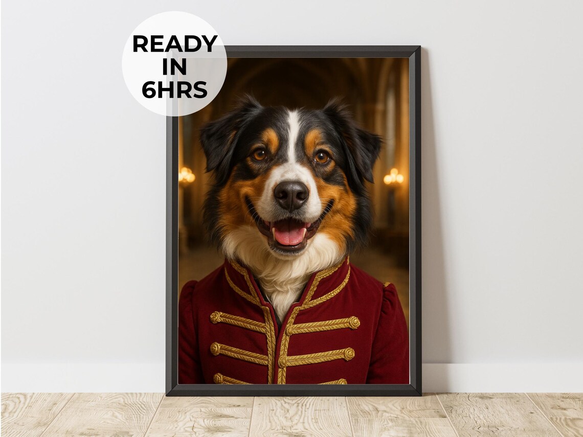 Australian Shepherd Napoleonic Officer Uniform Funny Dog Portrait Print