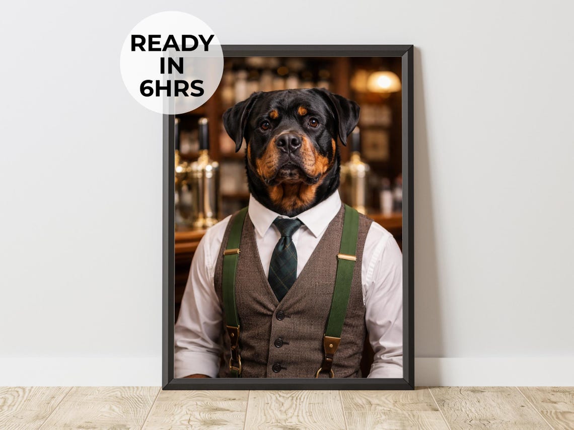 Custom Rottweiler Irish Pub Vest Suspenders Dapper Pet Portrait Poster