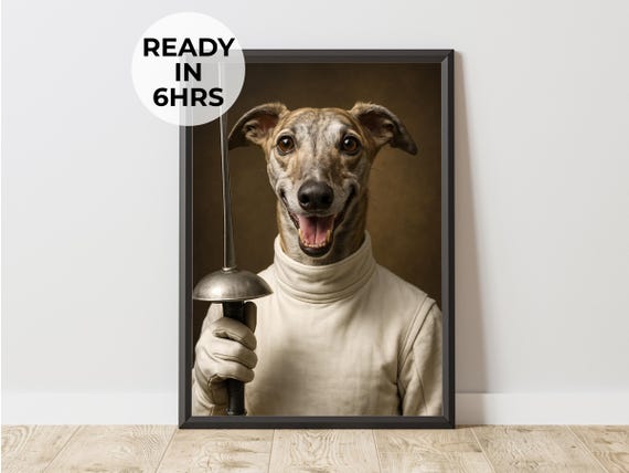 Fencer Pet Portrait Funny Dog Cat Sword Art Unique Athlete Gift Artwork