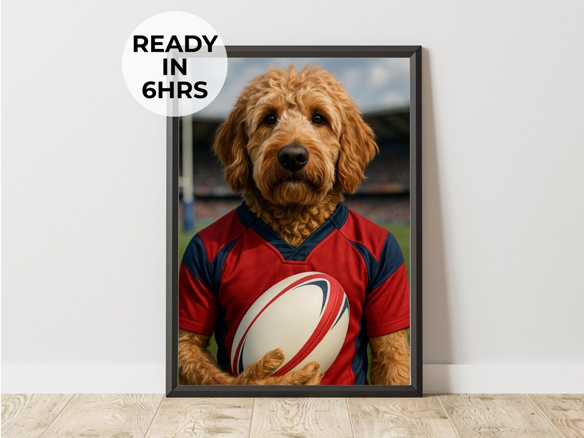 Goldendoodle Rugby Player Jersey Ball Funny Dog Sports Poster