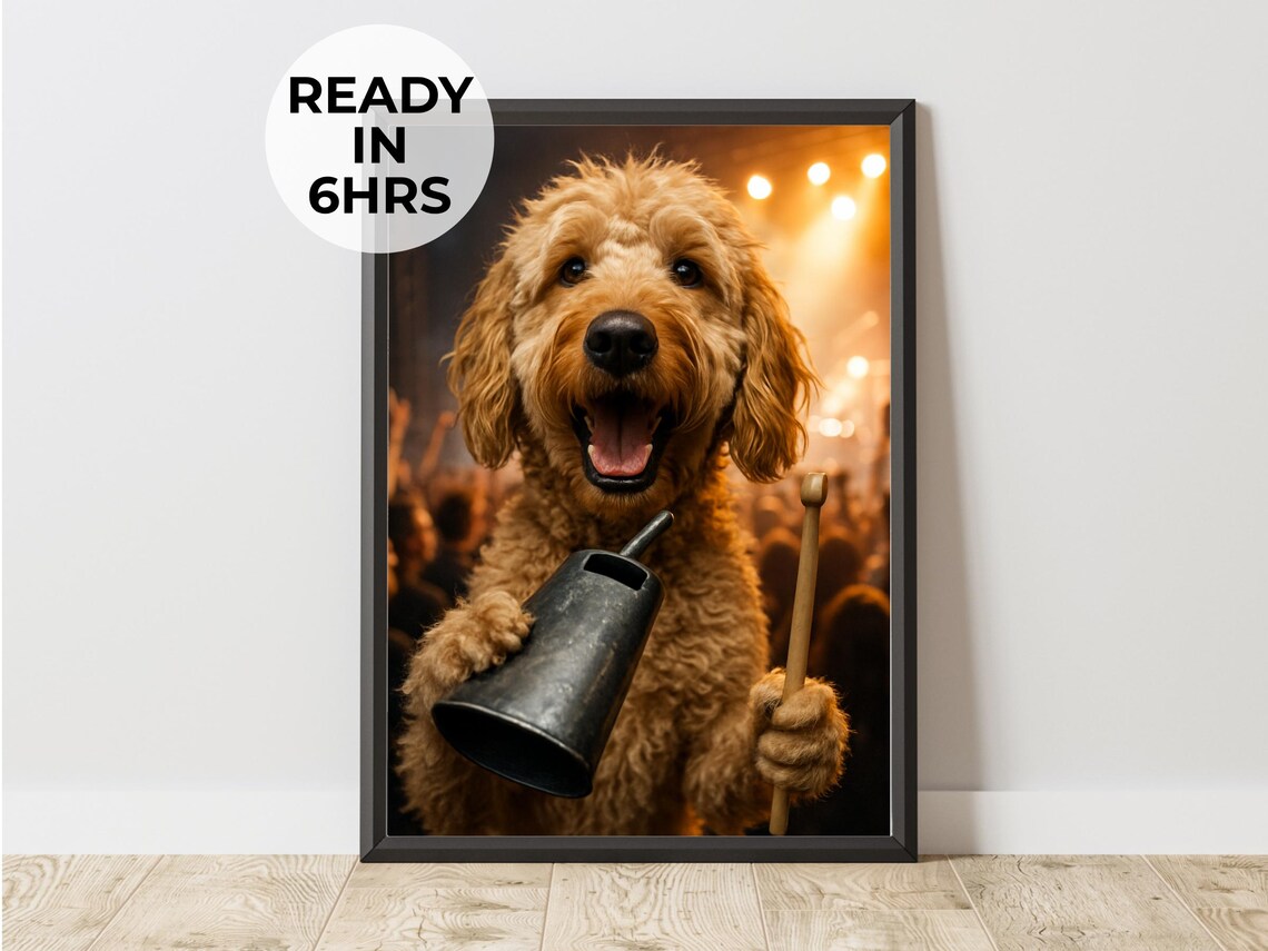 Concert Dog With Cowbell Funny Goldendoodle Rock Show Art Poster