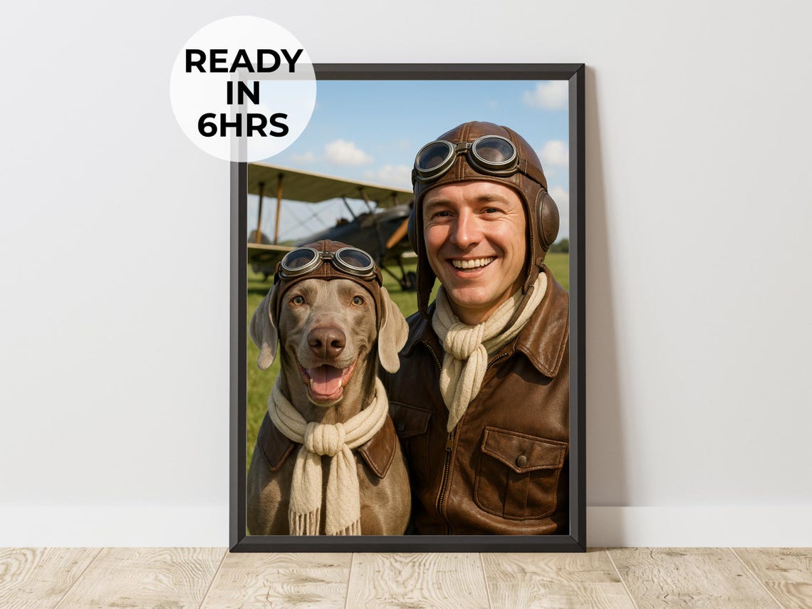 Vintage Aviator Weimaraner Pilot Portrait Biplane Scene Poster