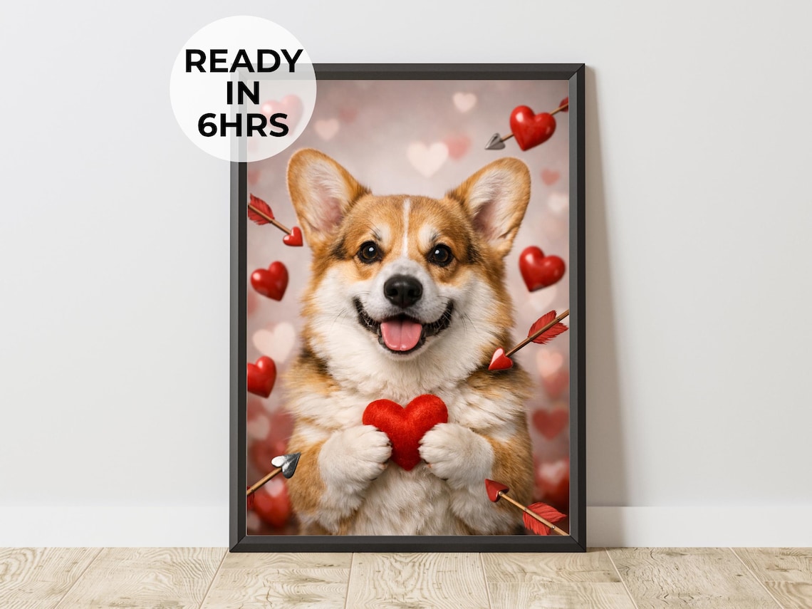 Corgi Valentines Day Hearts Cupid Arrows Cute Romantic Dog Love Wall Art