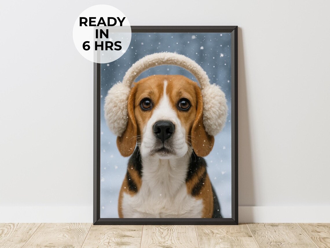 Winter Beagle Earmuffs Snow Portrait Sweet Holiday Dog Art Poster