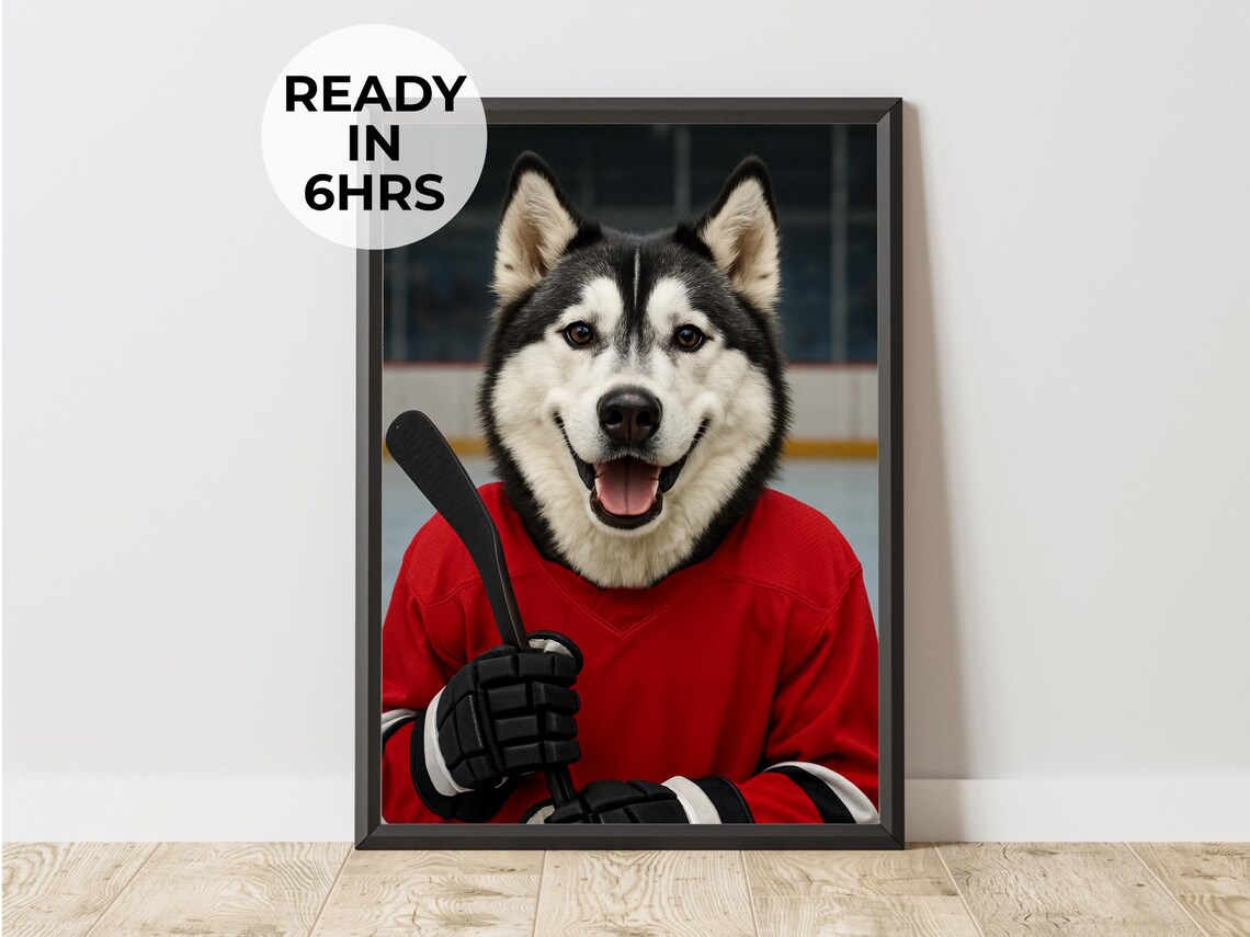 Husky Hockey Player Funny Pet Portrait Ice Rink Dog Sports Gift Poster