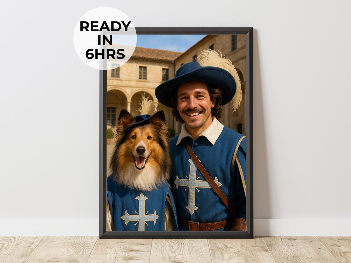 Musketeer Sheltie Pet Portrait Blue Uniform Feather Hat Scene Poster