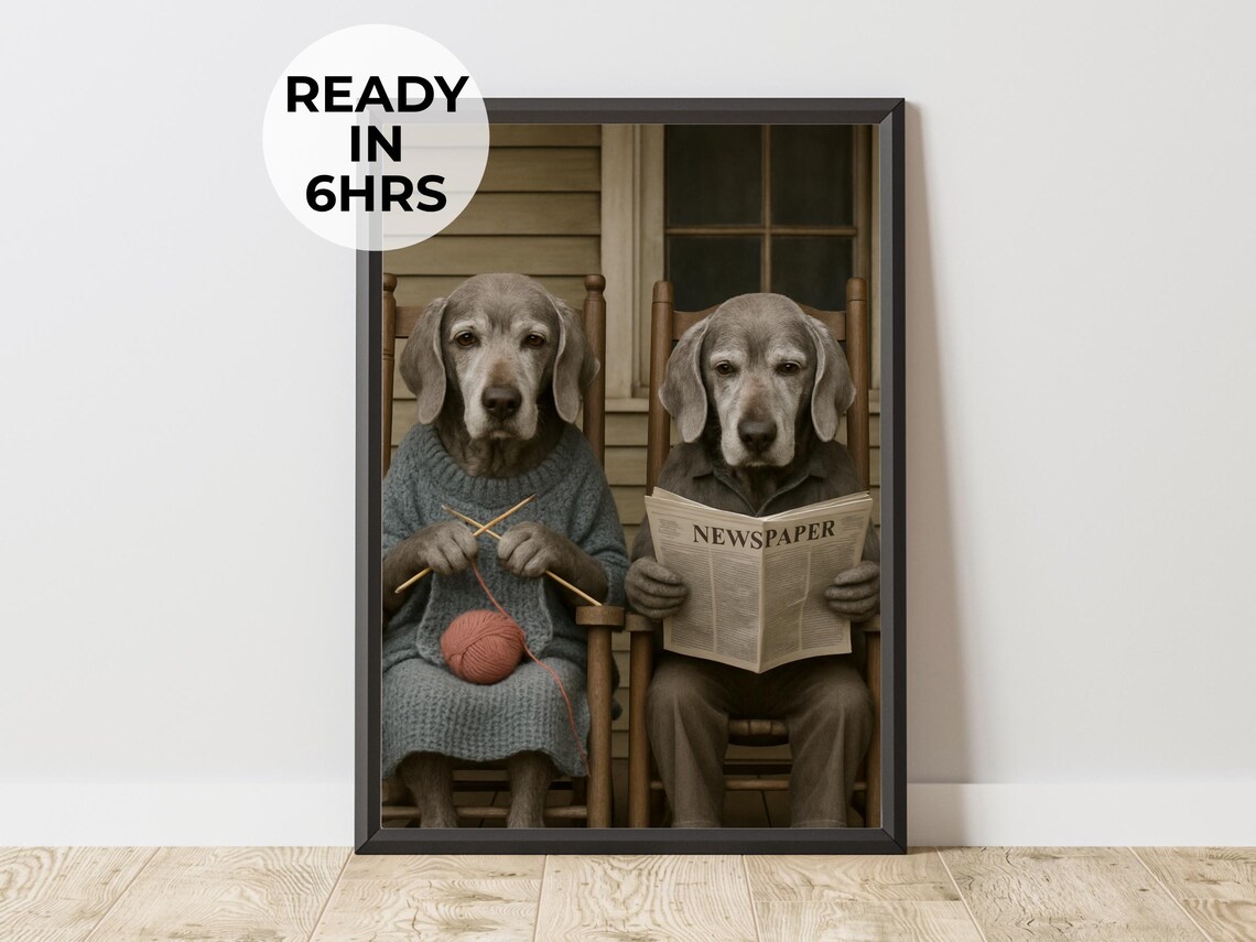 Funny Old Couple Dogs Portrait Weimaraner Grandparents Rocking Chairs Poster