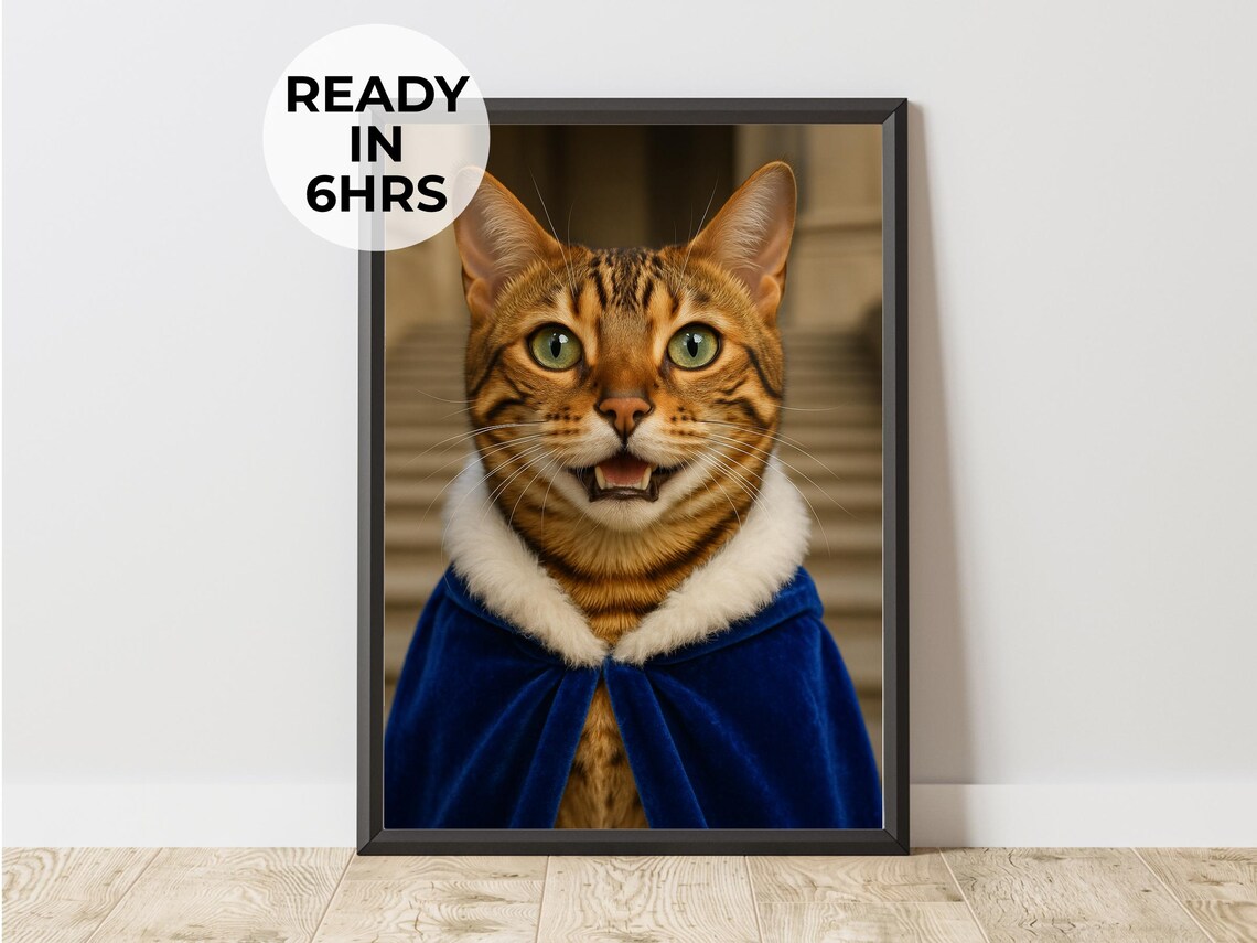 Funny Bengal Cat in Royal Blue Velvet Cloak Portrait Photo Poster