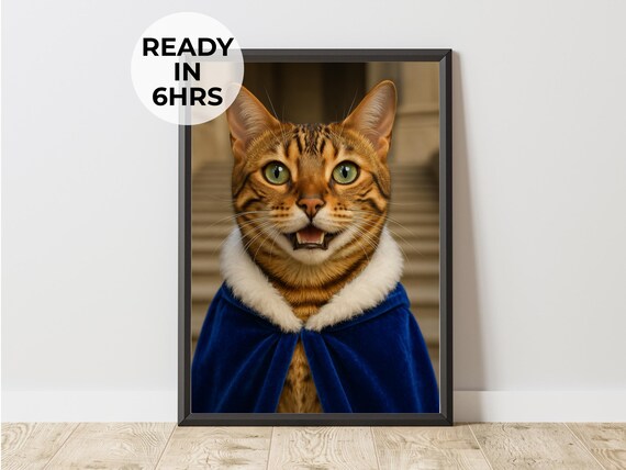 Funny Bengal Cat in Royal Blue Velvet Cloak Portrait Photo Poster