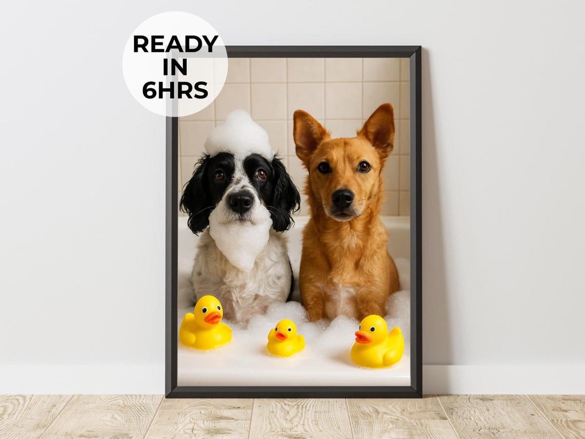 Two Dogs Bubble Bath Rubber Duckies Funny Bathtime Pet Duo Art Poster