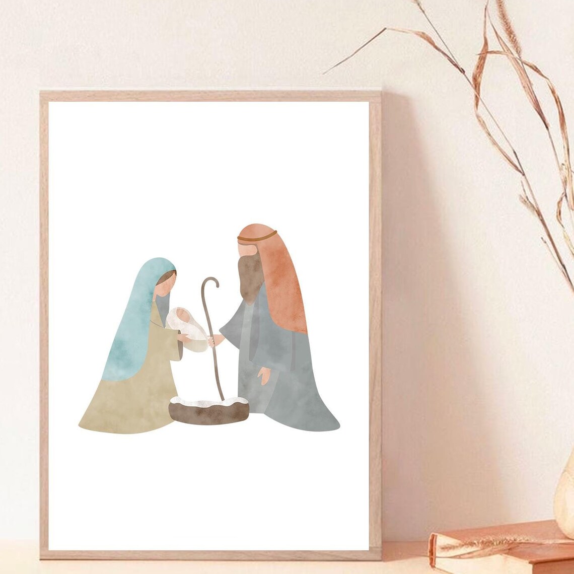 Watercolor Nativity of Mary Joseph and Baby in the Manger Poster