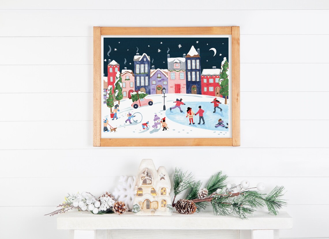 Christmas Village at Night Gouache Art Print - Image 3