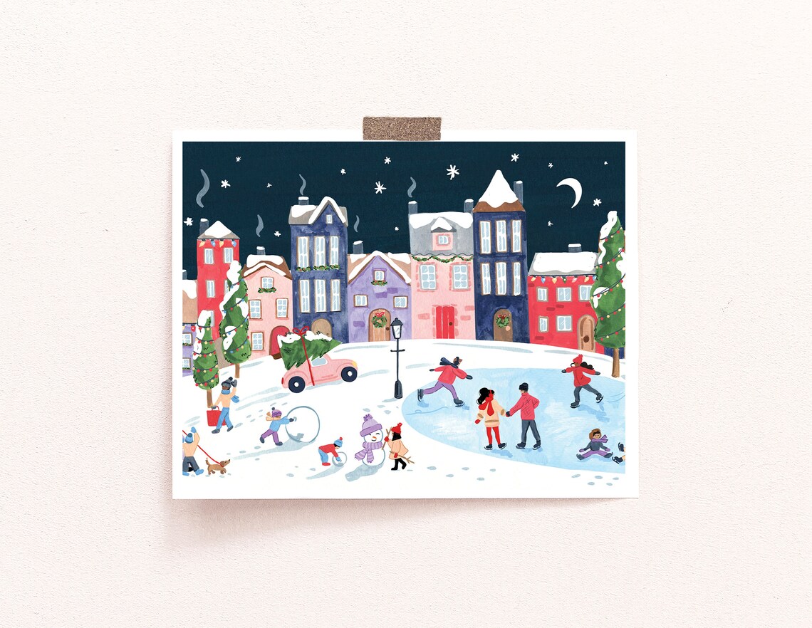 Christmas Village at Night Gouache Art Print - Image 2