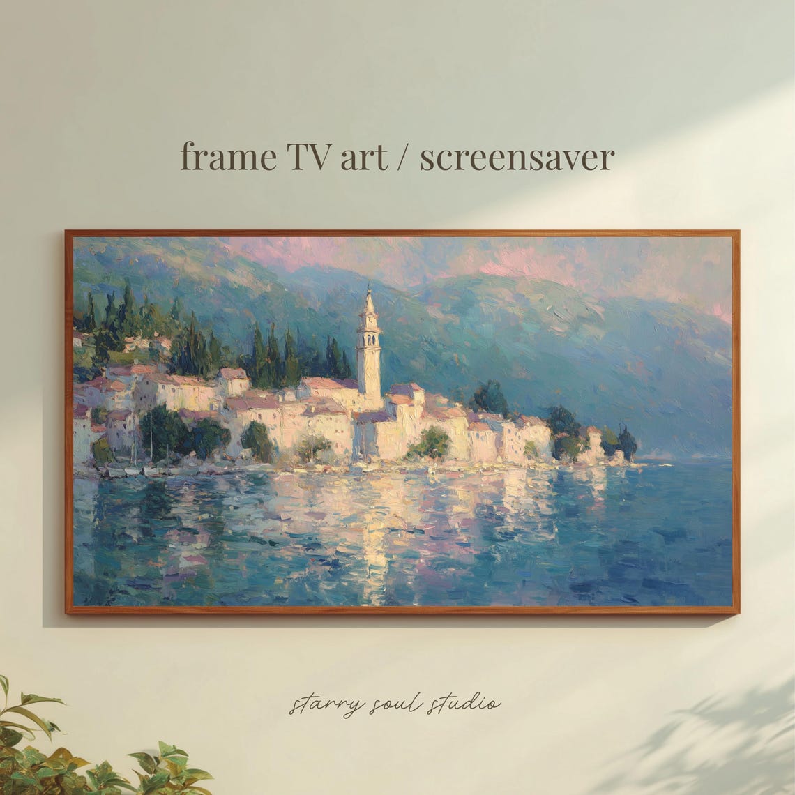 Lakeside Town Church Tower Sunset Reflections Impressionist Poster