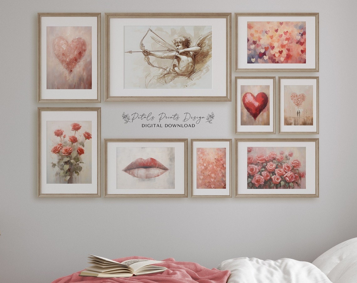 Valentine's Day Gallery Wall Set Romantic Hearts Cupid Roses Poster
