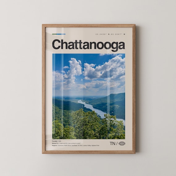 Chattanooga Print Real Photo Travel Art Poster Mid Century Minimal Wall Map Tennessee