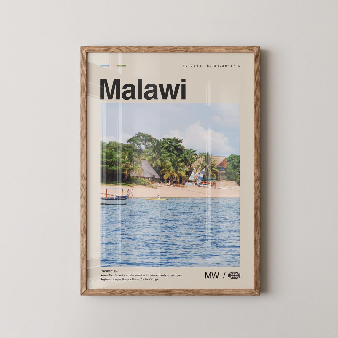 Minimalist Malawi Lake Beach Photo Travel Poster With Map Coordinates