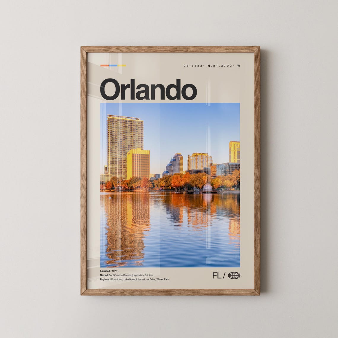 Orlando Florida Lake Reflection Downtown Skyline Travel Poster
