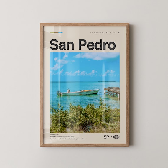 San Pedro Belize Travel Poster Turquoise Water Boat Photo Gift Decor