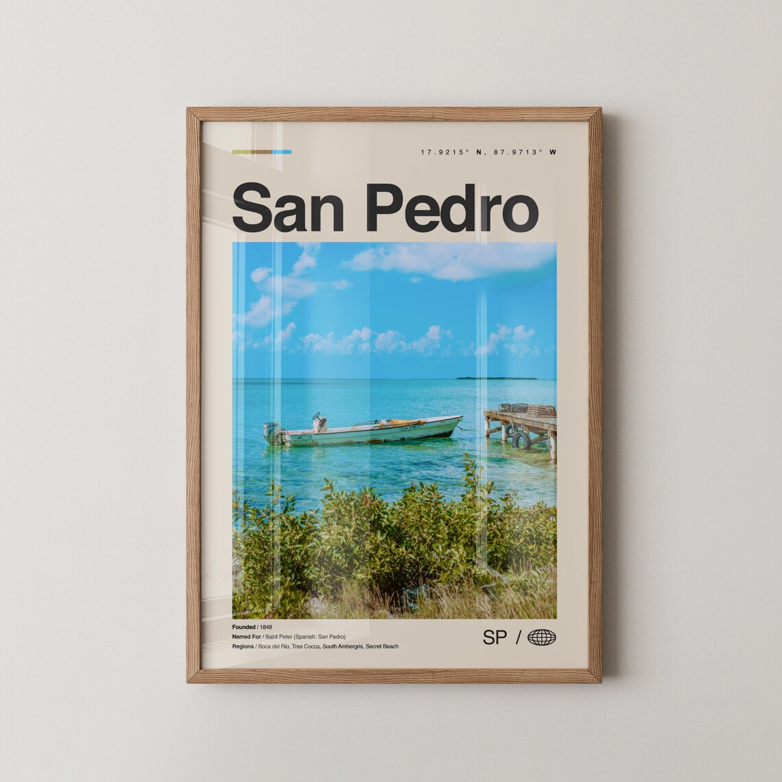 San Pedro Belize Travel Poster Turquoise Water Boat Photo Gift Decor