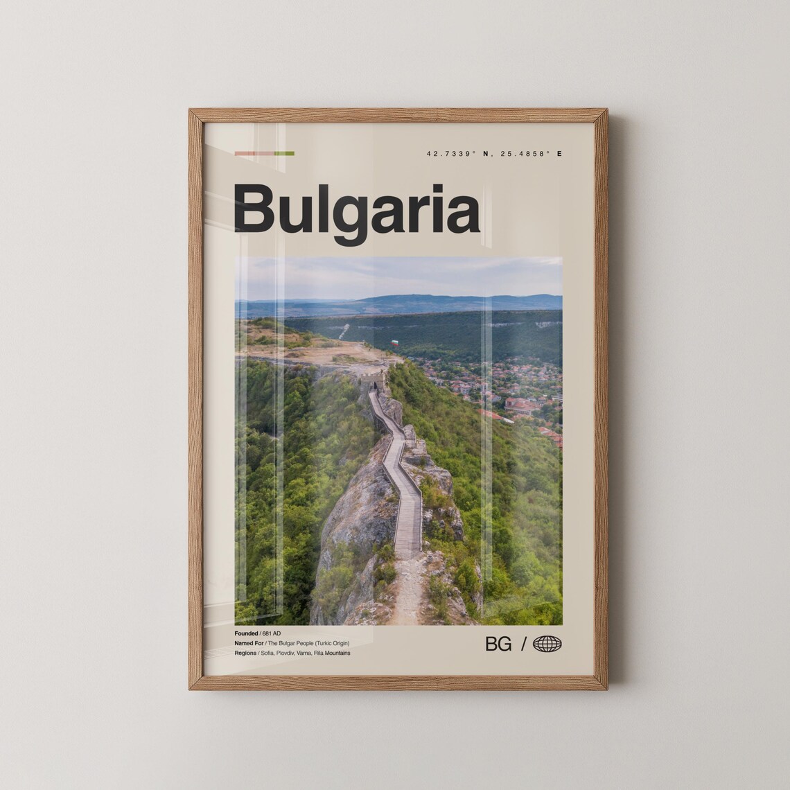Bulgaria Cliff Fortress Mountain Ridge Photo Map Travel Poster