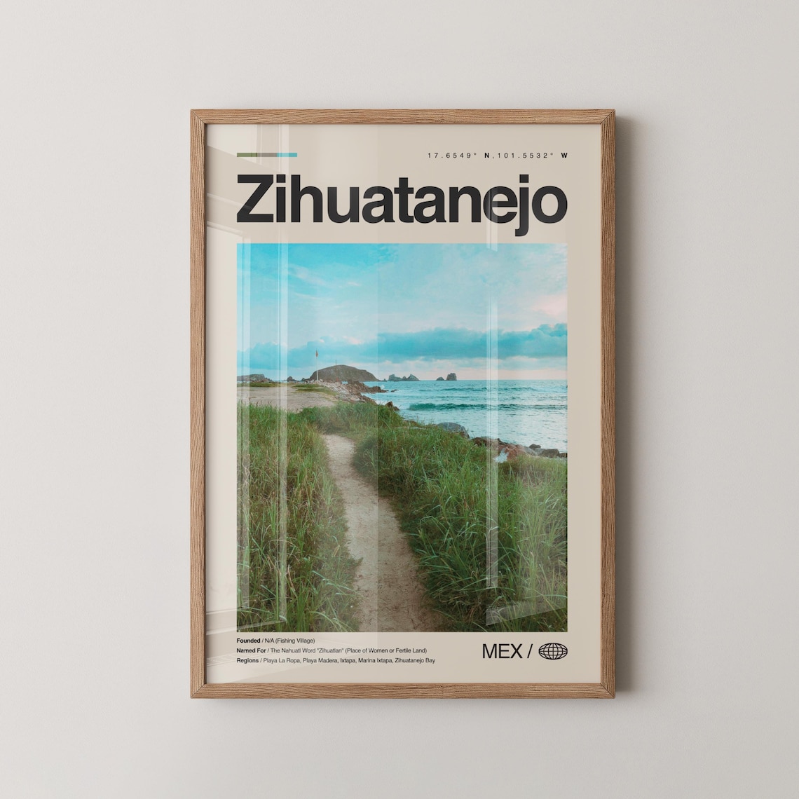Zihuatanejo Mexico Travel Poster With Playa La Ropa Beach Ocean View