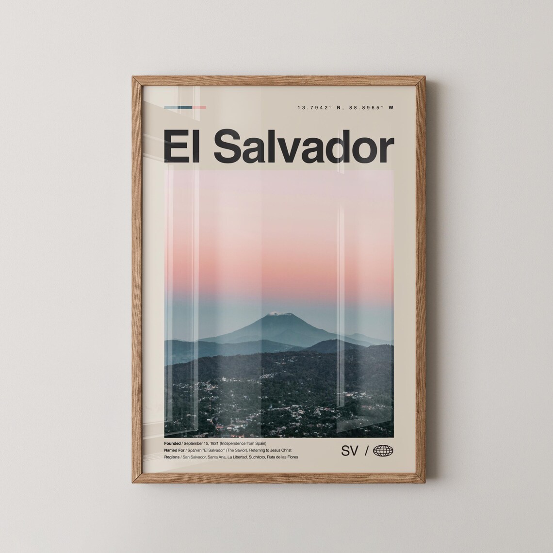 El Salvador Volcano Pink Sunset Minimalist Photo Travel Poster