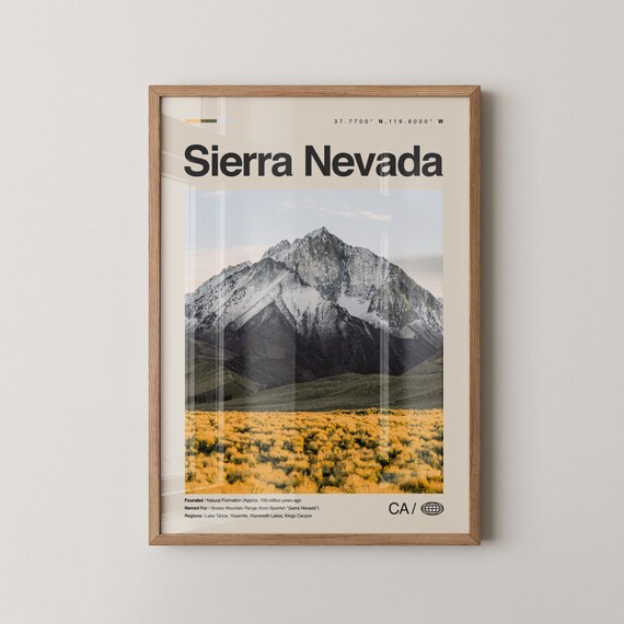 Sierra Nevada Snowy Mountain Peak Travel Poster Golden Meadow Photo