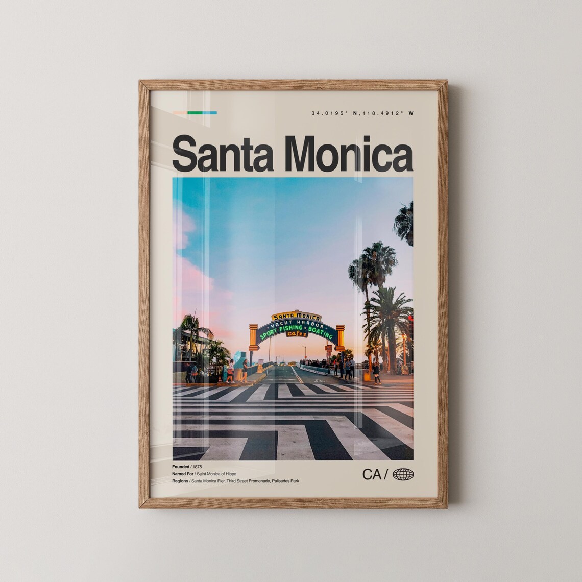 Santa Monica California Neon Pier Sign Minimalist Travel Poster