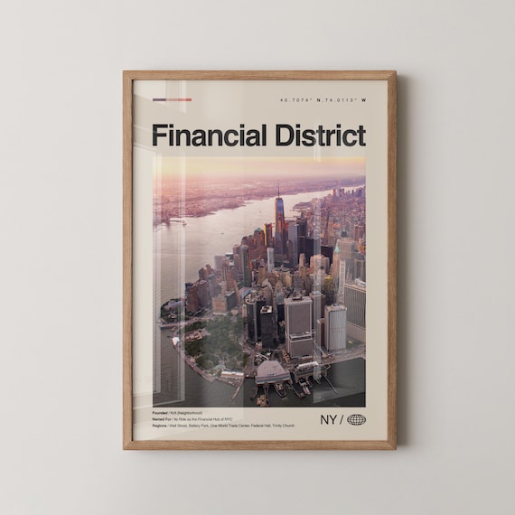 Financial District New York City Aerial Skyline Sunset Travel Poster