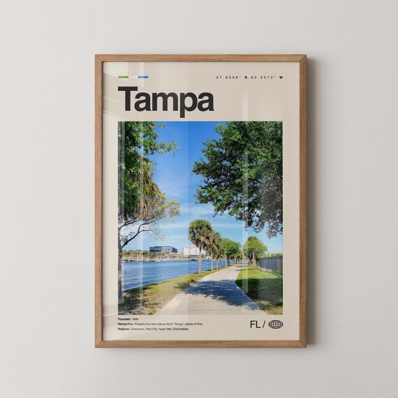 Tampa Florida Riverwalk Palm Path Riverside Vintage Travel Poster