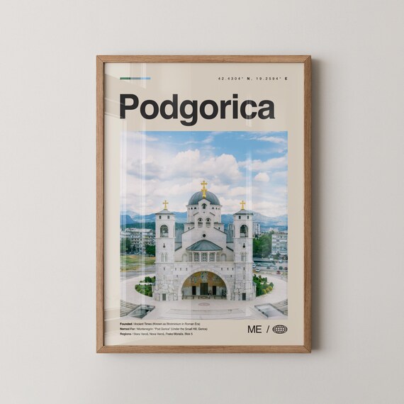 Podgorica Print Wall Art Poster Photo Dcor Map Montenegro