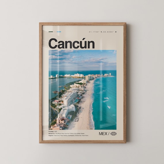 Cancún Mexico Travel Poster Aerial Beach Hotel Zone Caribbean Coast View