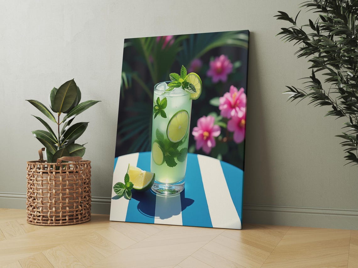 Mint Lime Mojito Glass with Ice Tropical Drink Canvas Art Poster