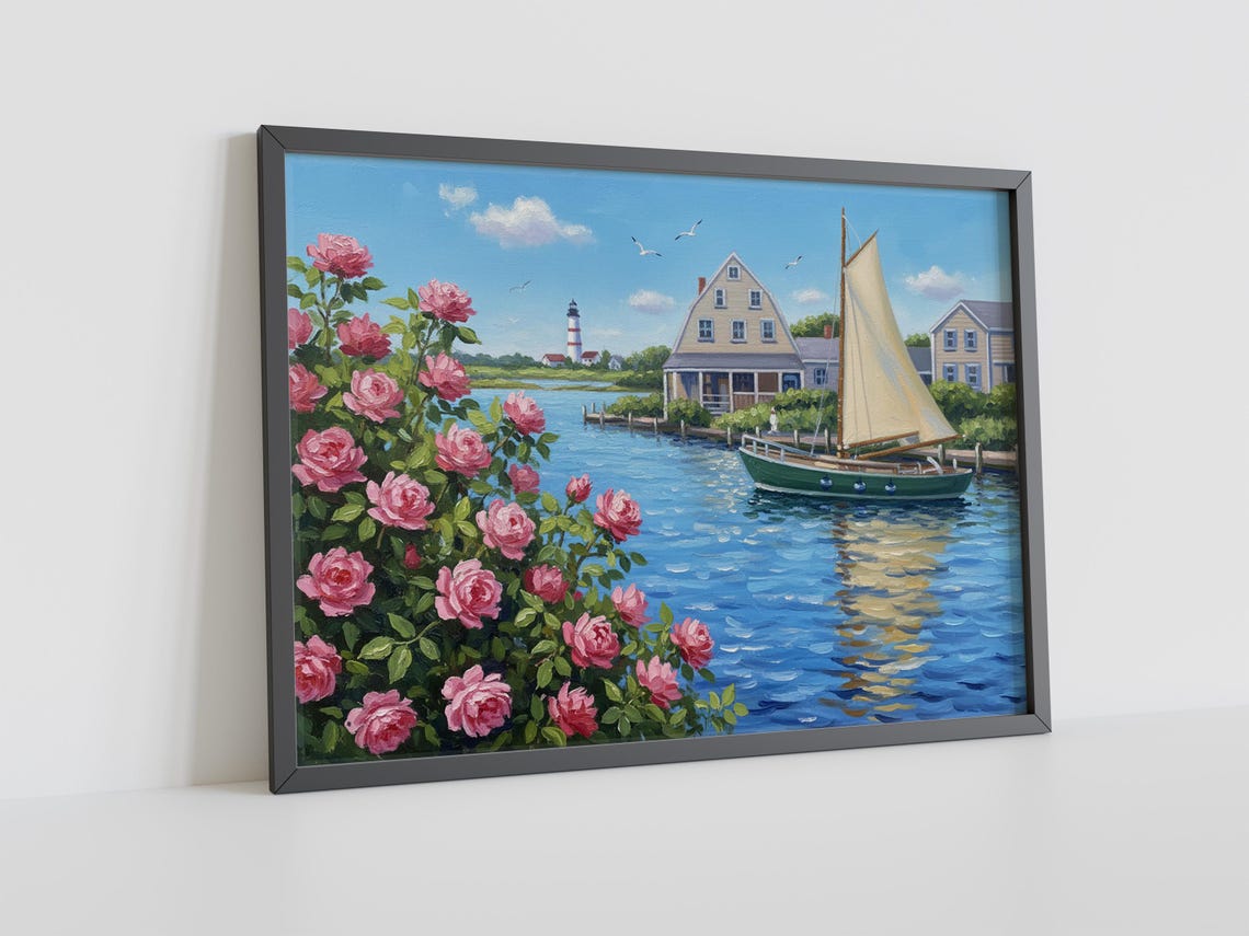 Nantucket Harbor Pink Roses Sailboat Daytime Coastal Art Poster