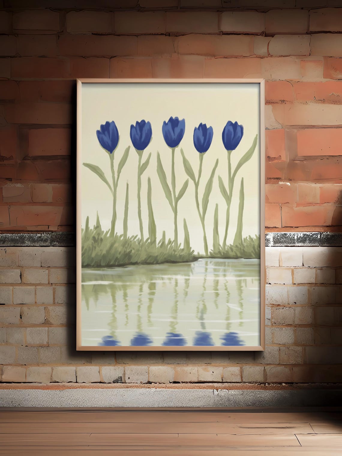 Blue Tulips Water Reflection Minimal Sage Green Botanical Wall Poster
