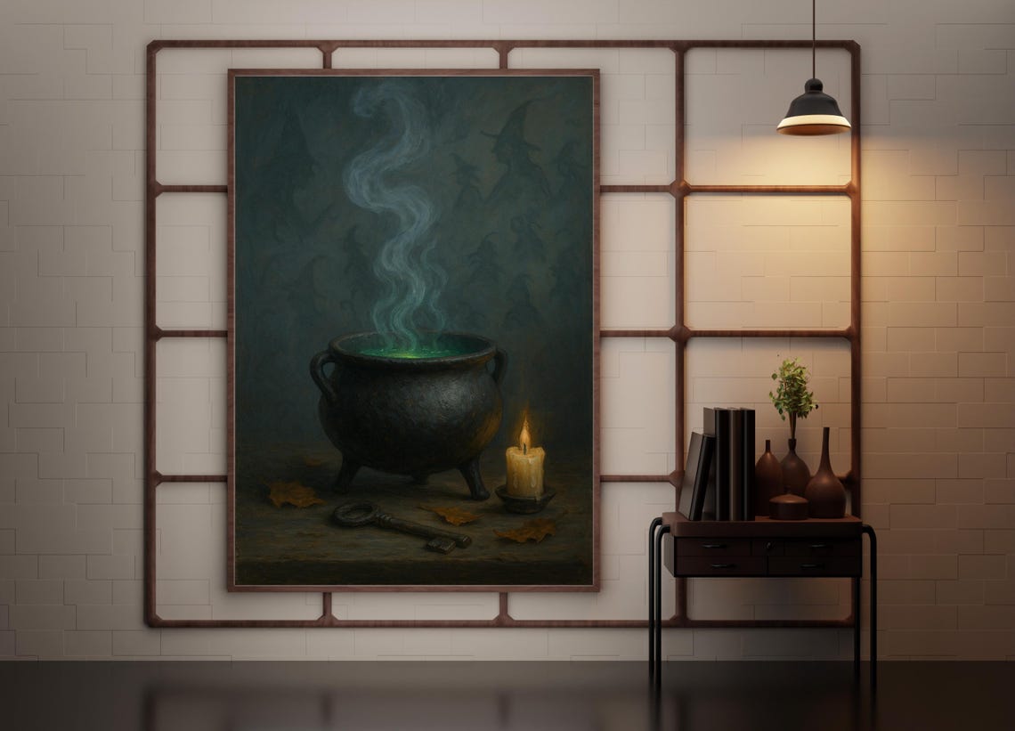 Witch Cauldron Green Potion Candle Dark Fantasy Halloween Art Poster